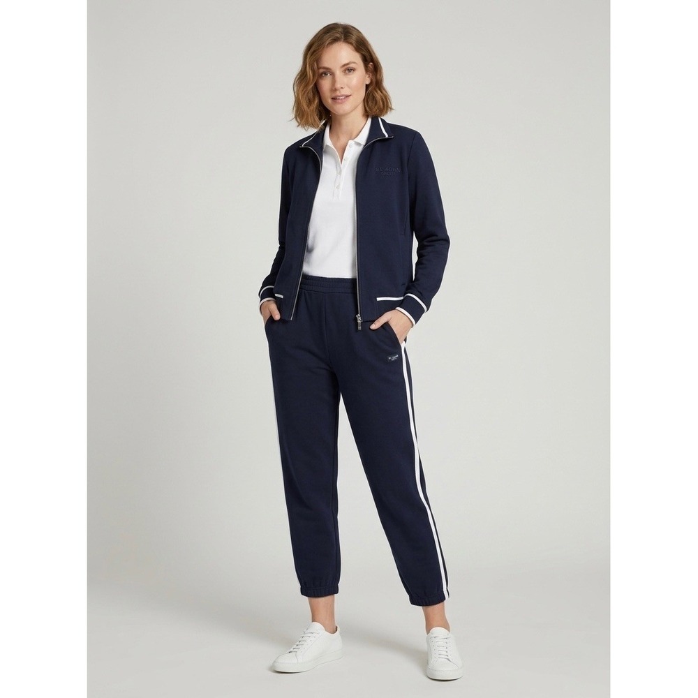 St John Sport Marie Gray Navy Blue Side Stripe Sweatpants Joggers Size S